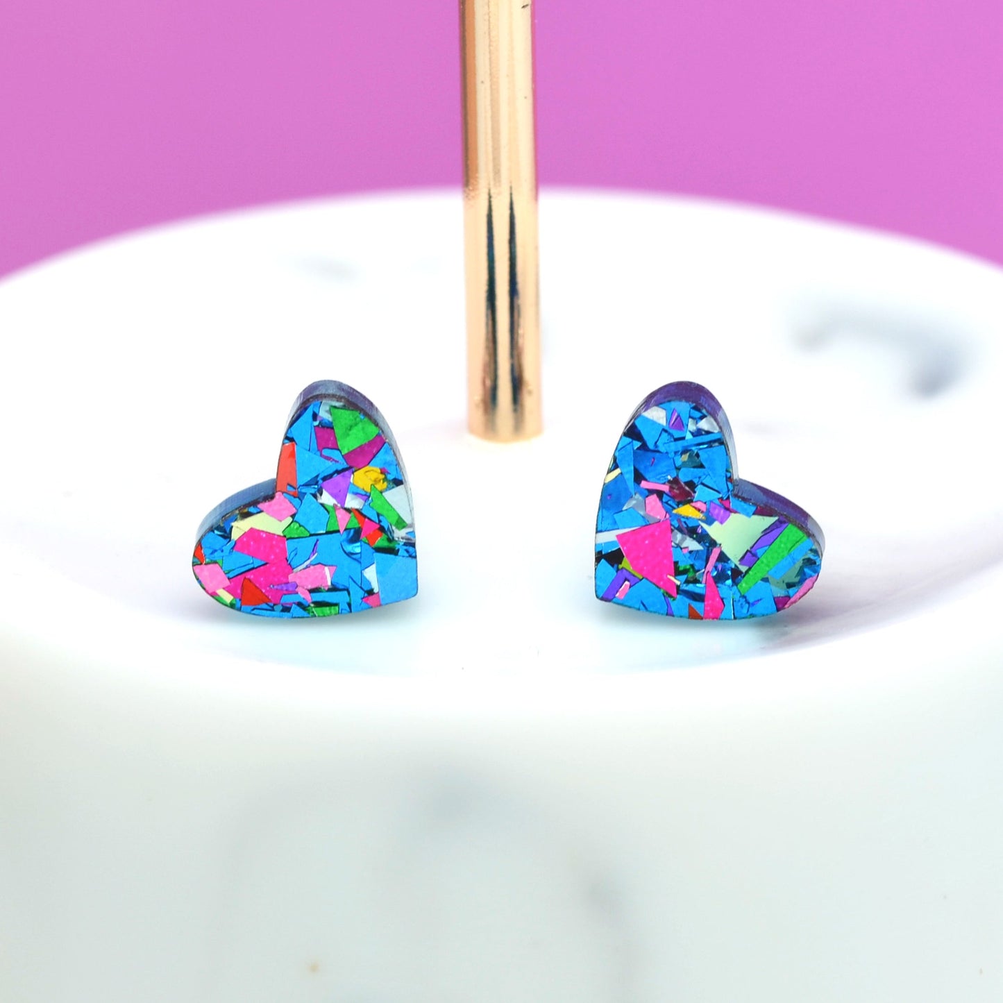 Blue Rainbow Festival Confetti Acrylic Heart Stud Earrings