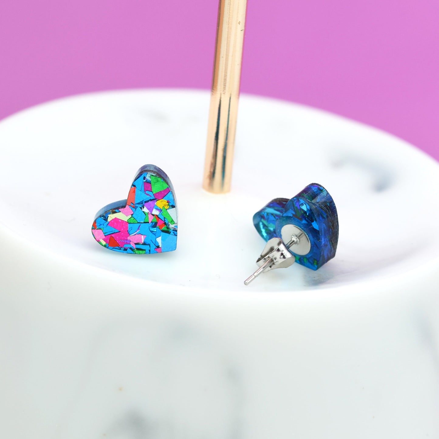 Blue Rainbow Festival Confetti Acrylic Heart Stud Earrings