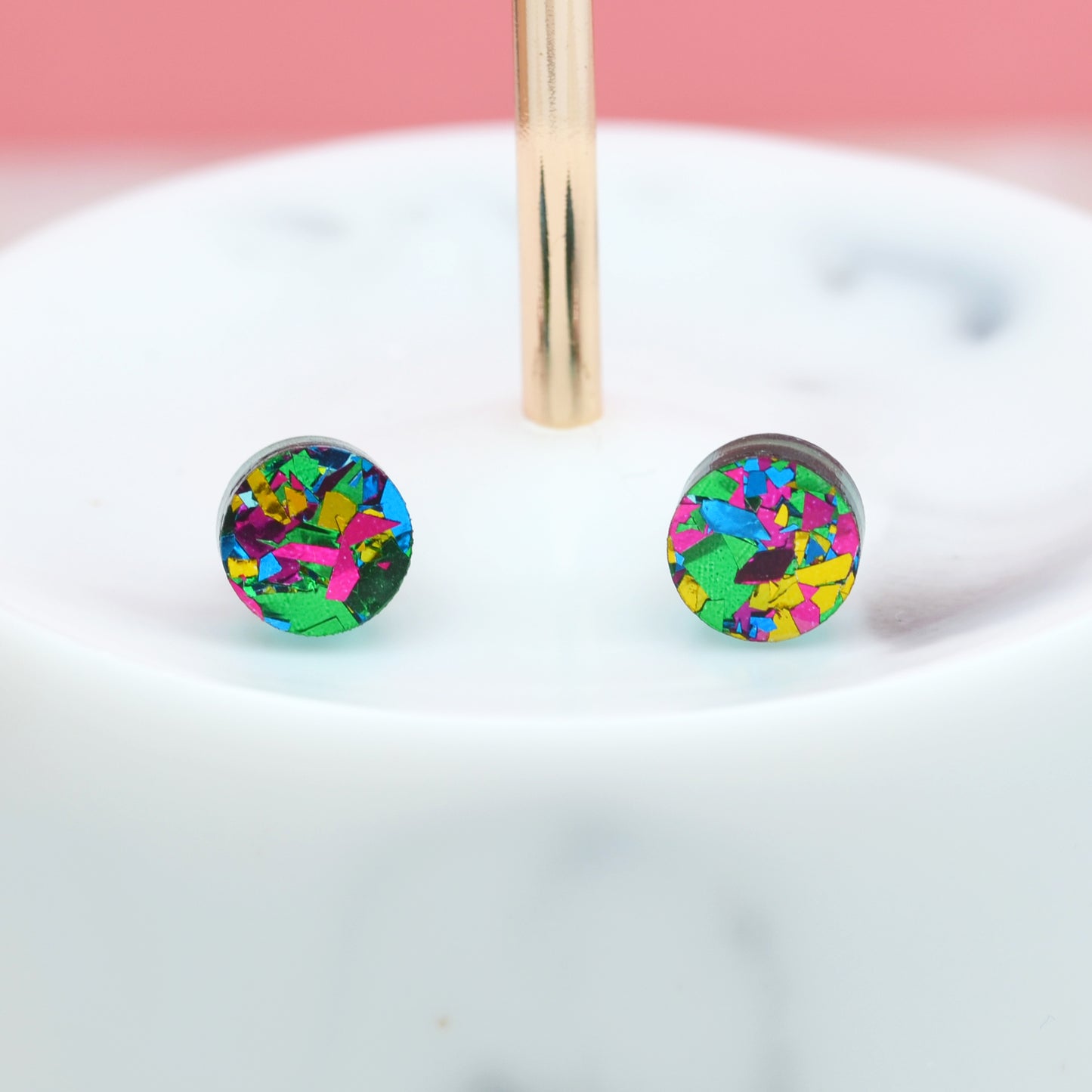 Green Rainbow Festival Confetti Acrylic Round Stud Earrings